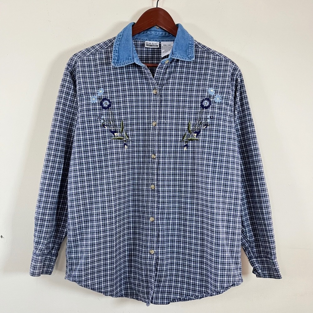 Vintage Basic Editions Plaid Button Up Denim Coll… - image 3